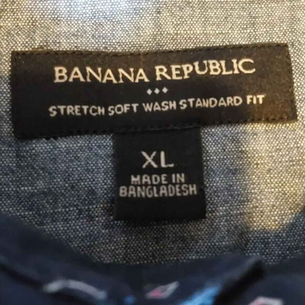 Banana Republic Shirt Mens Short sleeve XLarge Blue Geometric Stretch Cotton‎